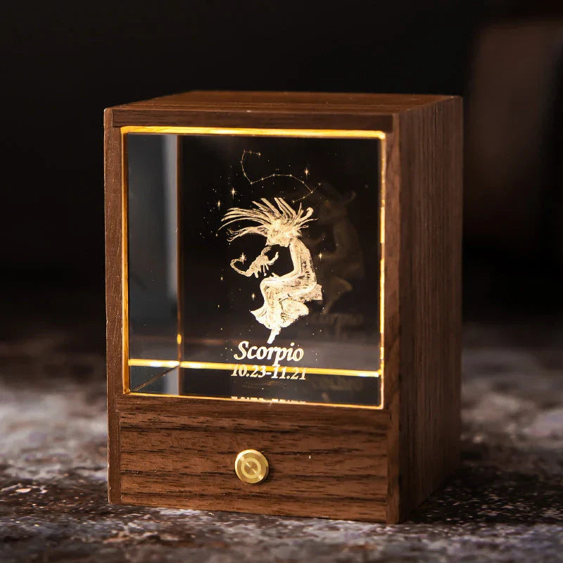 Constellation LED Table Lamp with black walnut base and 3D crystal ball, creating a starry night effect in the bedroom