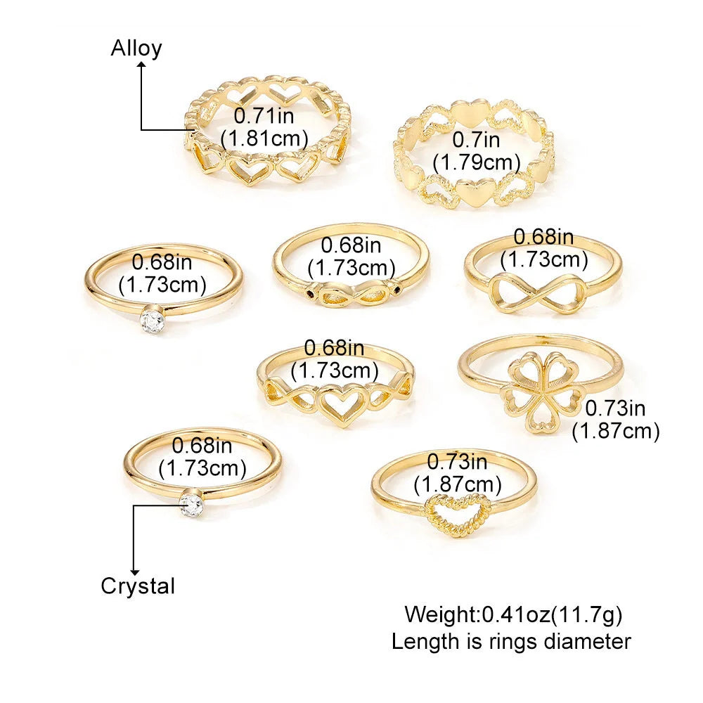Gold-coloured heart-shaped, geometric, and butterfly design rings set
