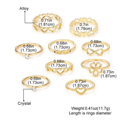 Gold-coloured heart-shaped, geometric, and butterfly design rings set