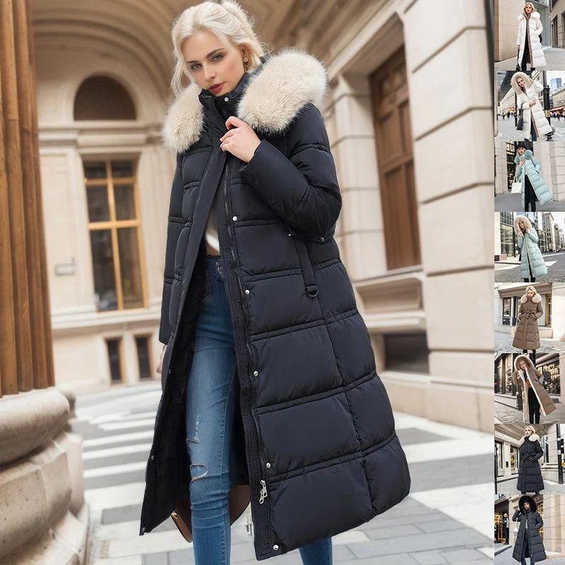 Stylish women's winter coat with fur hood and belt in various colours