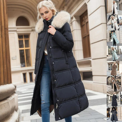 Stylish women's winter coat with fur hood and belt in various colours
