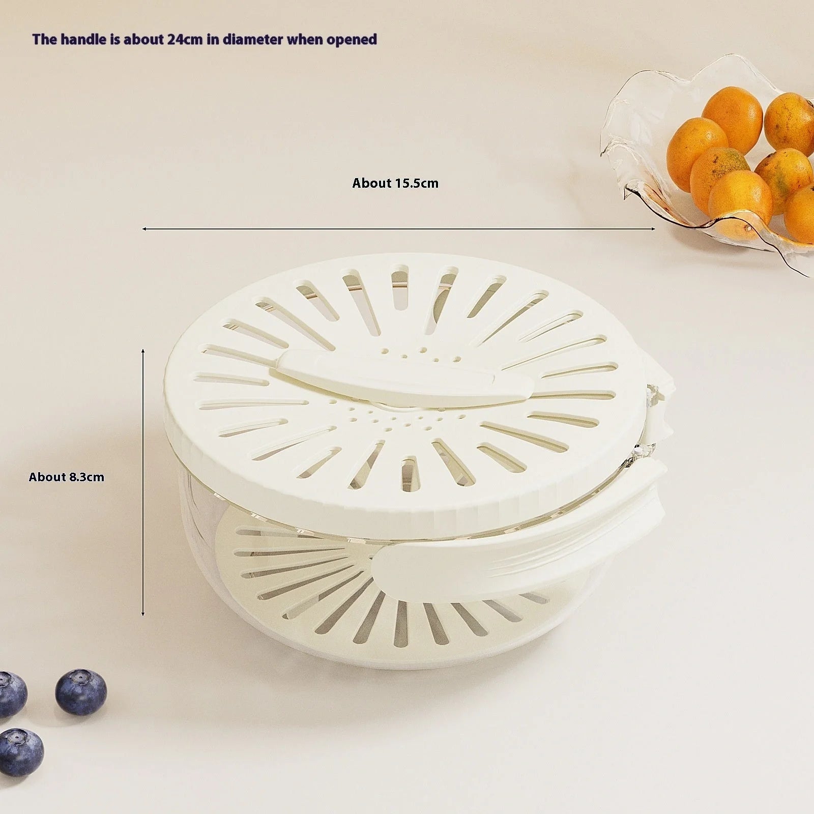 Versatile fruit drain basket with lid and foldable handle for fresh produce storage