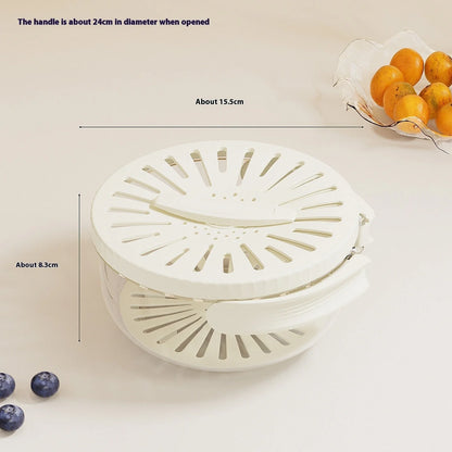 Versatile fruit drain basket with lid and foldable handle for fresh produce storage