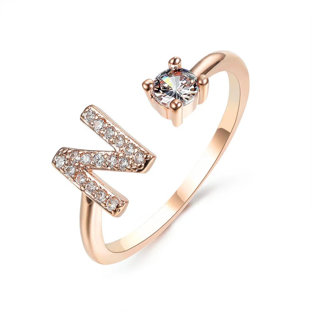 Customizable adjustable ring with 26 letters for women, featuring zircon stones and copper alloy construction