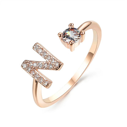 Customizable adjustable ring with 26 letters for women, featuring zircon stones and copper alloy construction