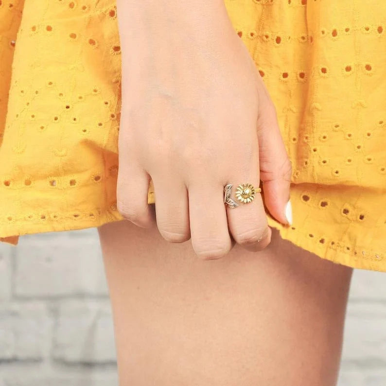 Bohemia Two-tone Sunflower Adjustable Ring in Gold and Silver