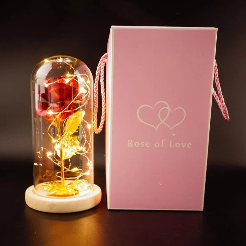 Enchanted Forever Rose in Glass LED Light decoration with realistic rose and wooden base