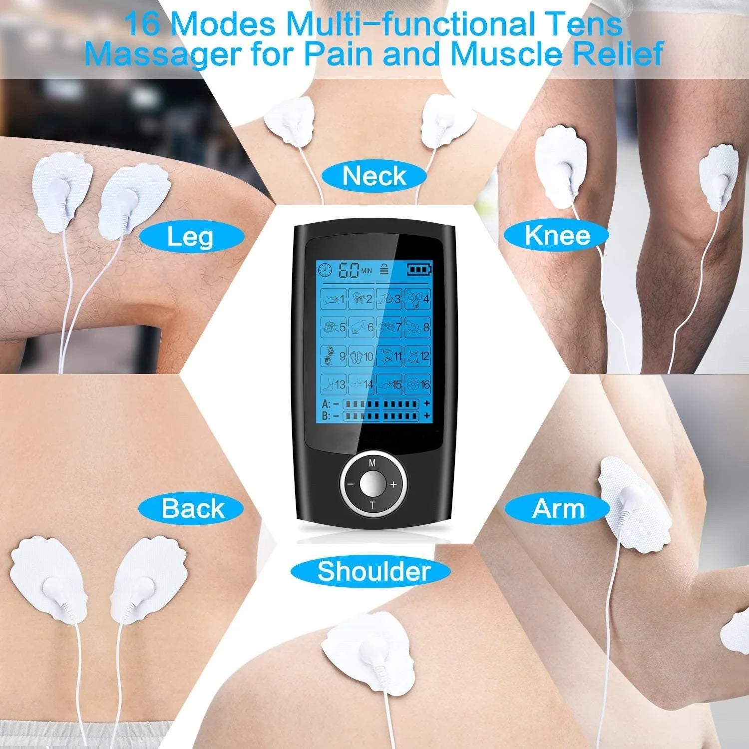Digital physiotherapy TENS massager with 16 massage modes, adjustable intensity and timer, dual output channels, and compact design for pain relief and muscle relaxation