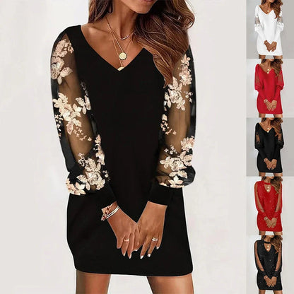 Long-sleeved V-neck dress with lace splicing detail in various colours