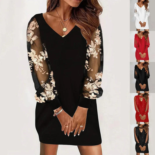 Long-sleeved V-neck dress with lace splicing detail in various colours