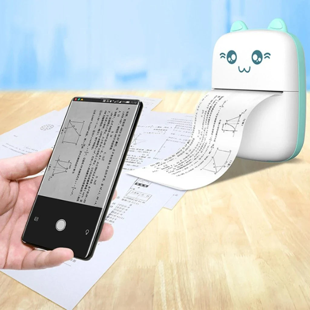 Compact Bluetooth printer for mobile devices, featuring thermal printing technology, Bluetooth connectivity, and rechargeable battery for on-the-go printing convenience