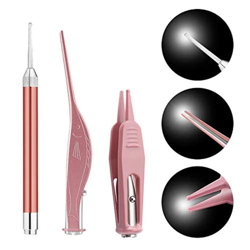 LED Light Ear Wax Removal Tool with magnifying glass and soft spoon head in blue, rose gold, and pink