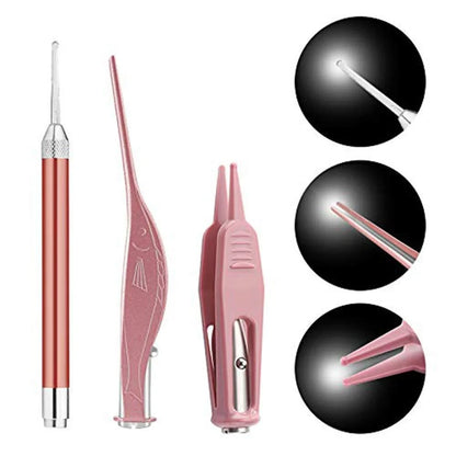 LED Light Ear Wax Removal Tool with magnifying glass and soft spoon head in blue, rose gold, and pink
