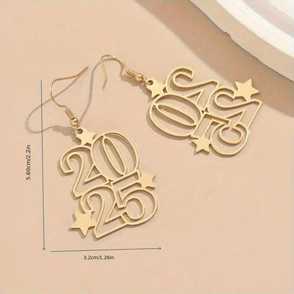 Gold-tone dangle earrings with '2025' design, ideal for New Year's Eve and other fashionable celebrations