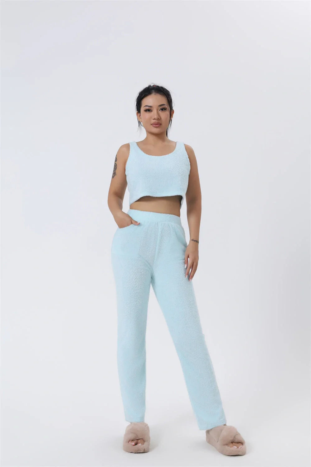 Cozy 3-piece pajama set in variety of pastel colors including pink, camel, black, light blue, red, and white