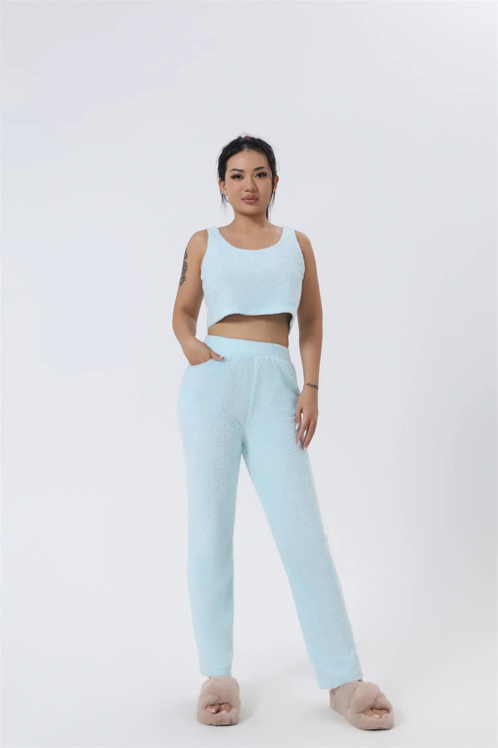 Cozy 3-Piece Lounge Set in soft, fluffy cotton-polyester blend with cropped top, wide-leg pants, and matching cardigan in various pastel colors