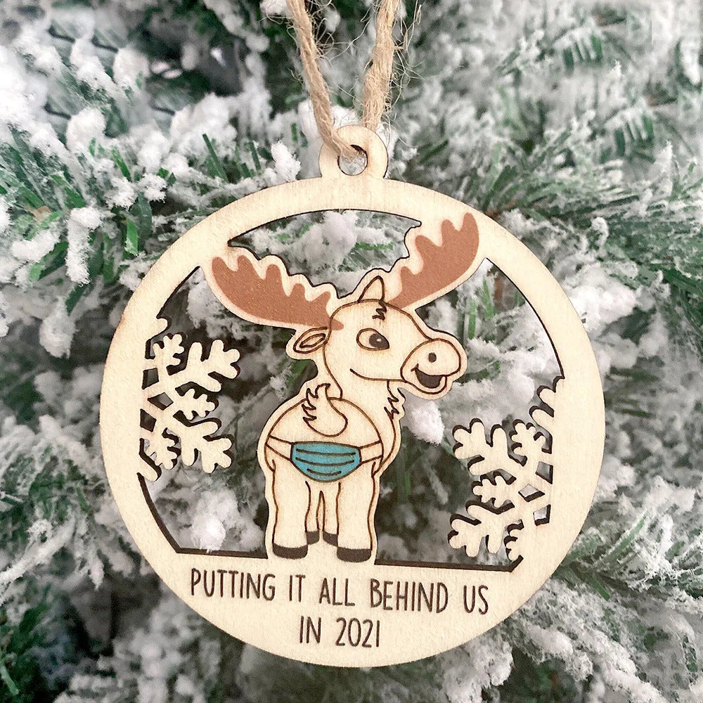 Wooden Hollowed-out Christmas Tree Pendant with snowman and deer design