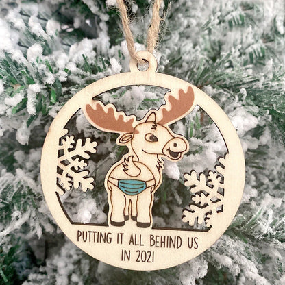 Wooden Hollowed-out Christmas Tree Pendant with snowman and deer design
