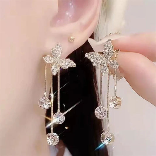 Butterfly rhinestone drop dangle earrings with pearl tassel chain, elegant party jewelry
