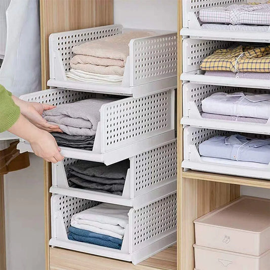 Stackable plastic clothes storage drawers in white, available in various sizes for customisable organisation