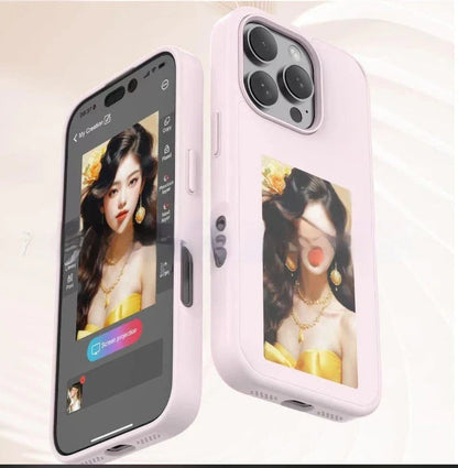A customizable phone case with an e-ink display that allows users to wirelessly project their preferred images.
