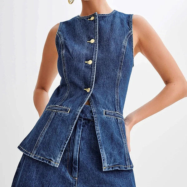 Stylish women's denim vest and high waist shorts set for summer casual wear