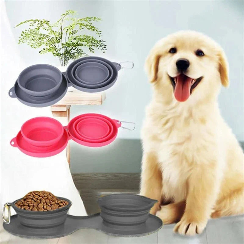 Collapsible pet bowls made of durable silicone with dual compartments and spill-resistant design for dogs and cats
