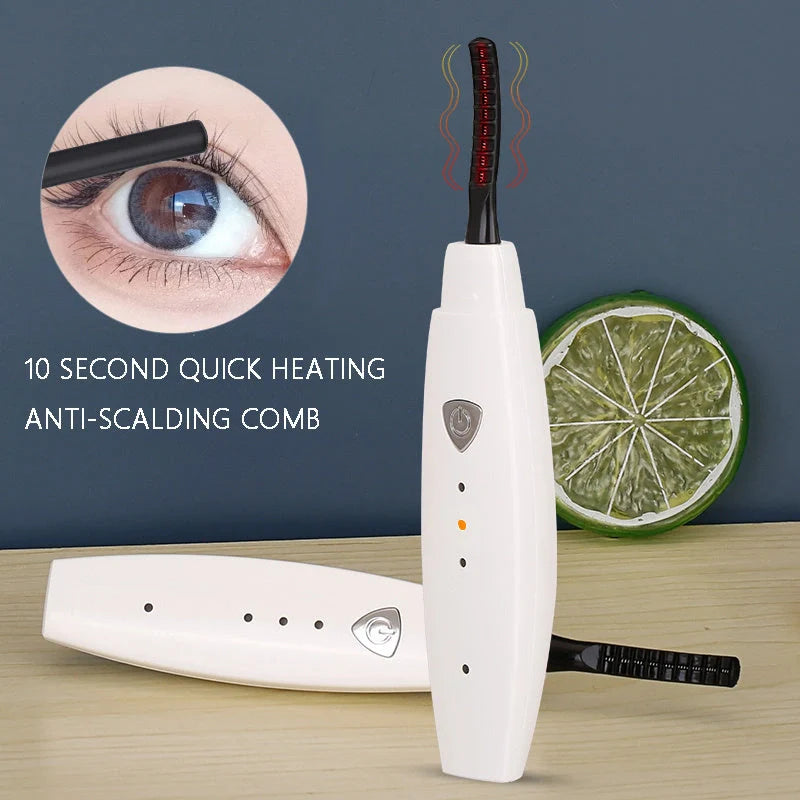 USB rechargeable electric heated eyelash curler in white, pink, black, and blue