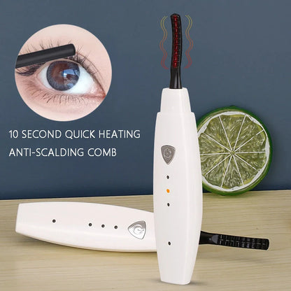 USB rechargeable electric heated eyelash curler in white, pink, black, and blue