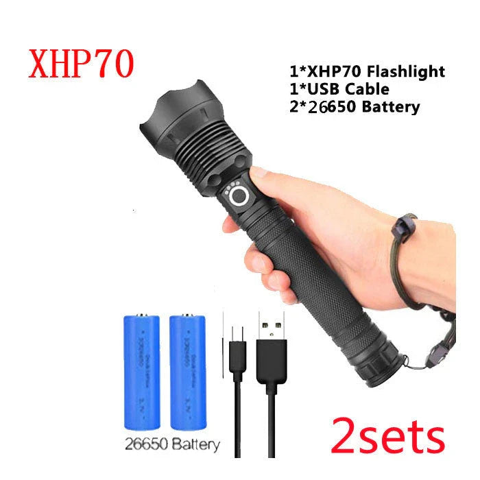 A durable, waterproof USB rechargeable flashlight with adjustable zoom and powerful LED light.