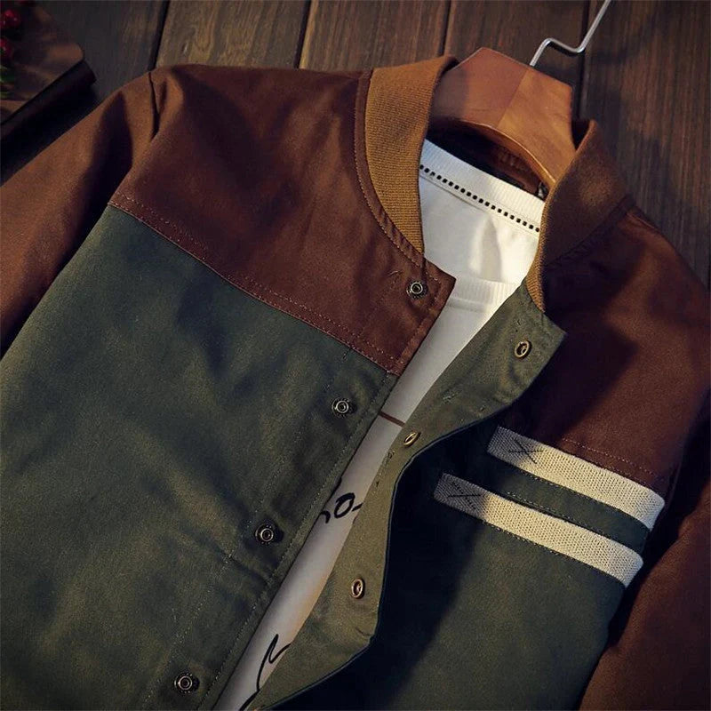 Men's Korean-style single-breasted casual jacket in cotton, available in green and navy blue