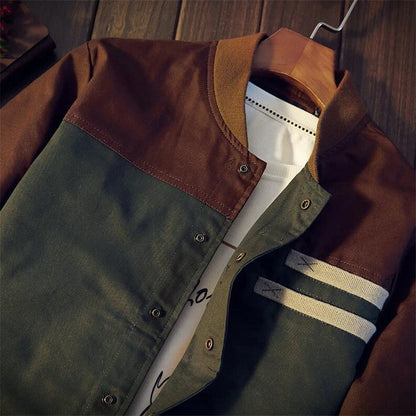 Men's Korean-style single-breasted casual jacket in cotton, available in green and navy blue