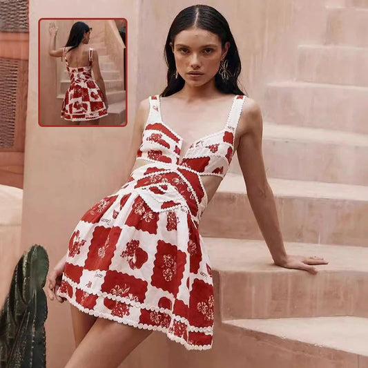 Women's red flower print lace sling dress for summer
