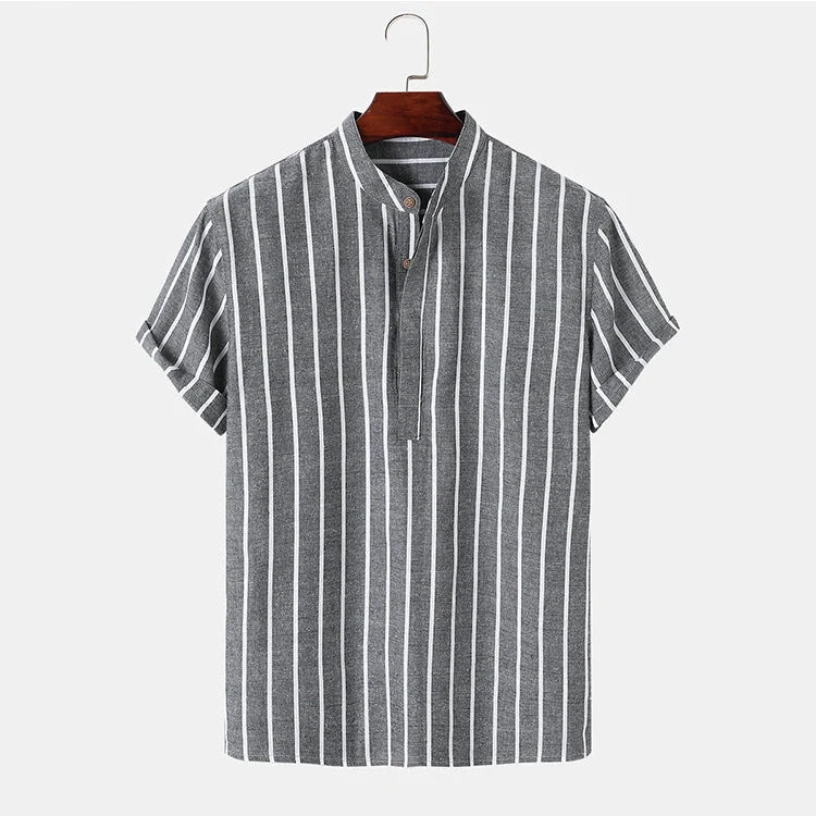 Men's striped cotton short sleeve shirt in white, red, grey, and blue