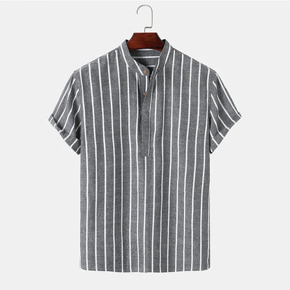 Men's striped cotton short sleeve shirt in white, red, grey, and blue