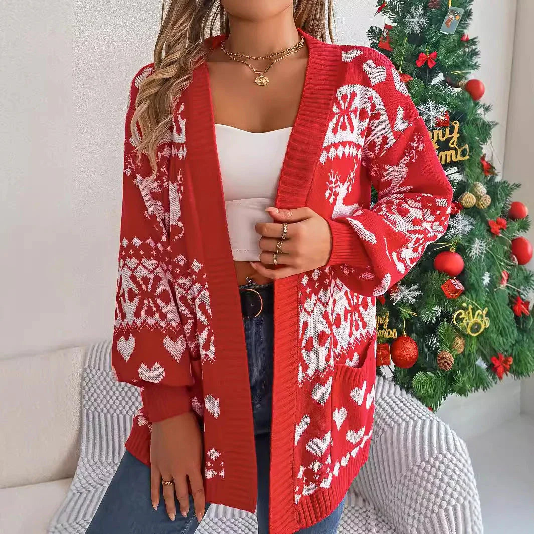 Women's open-front deer print cardigan sweater with lantern sleeves in red, green, and white colors