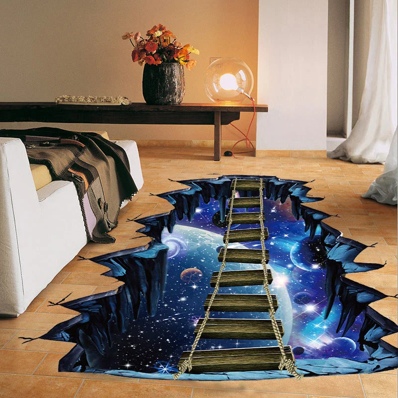 Vibrant 3D wall sticker featuring a creative cosmic design with planets, suspension bridge, and space elements