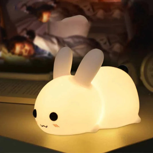 Soft, rabbit-shaped silicone LED night light with dimmable, dual-tone lighting for UK children's bedrooms