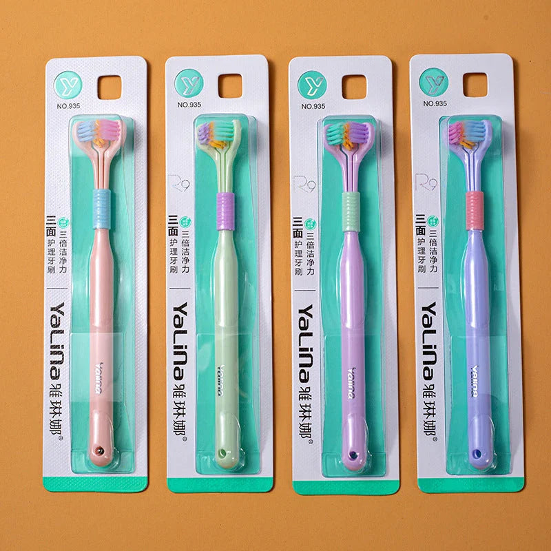 Soft bristle toothbrush with 3-sided brush head for thorough dental cleaning