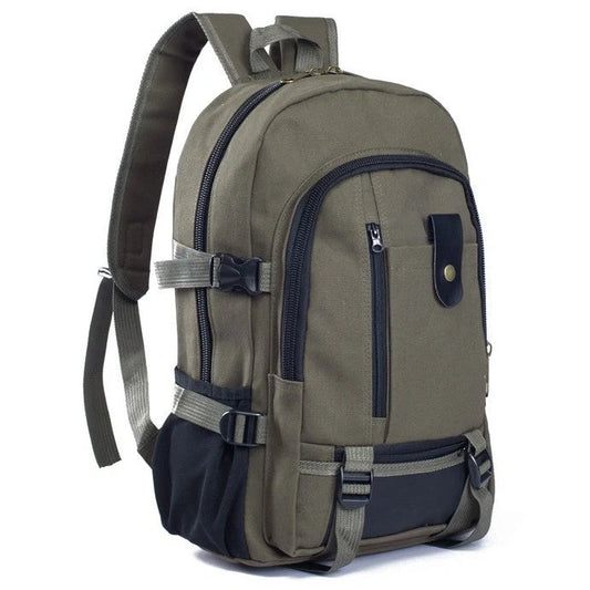 Men's canvas backpack with zippered opening, available in multiple colours including coffee, light khaki, and black.