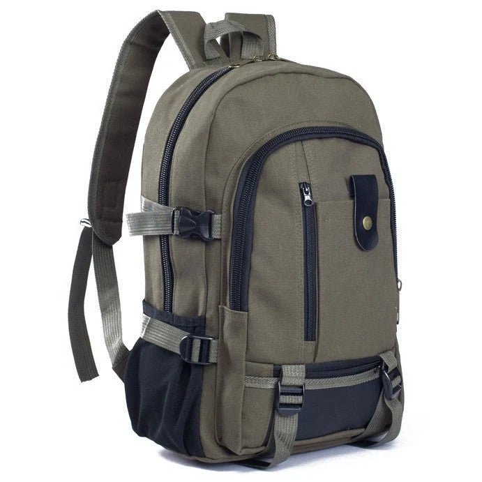 Men's canvas backpack with zippered opening, available in multiple colours including coffee, light khaki, and black.