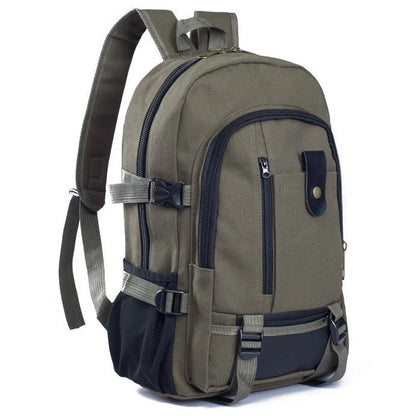 Men's canvas backpack with zippered opening, available in multiple colours including coffee, light khaki, and black.