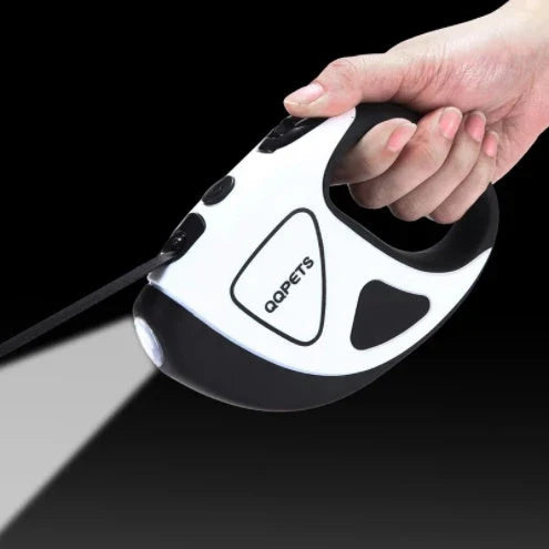 Premium retractable dog leash with luminous safety LED, featuring a rubberized non-slip handle, 360-degree anti-winding design, and durable nylon construction for secure and convenient dog walking.