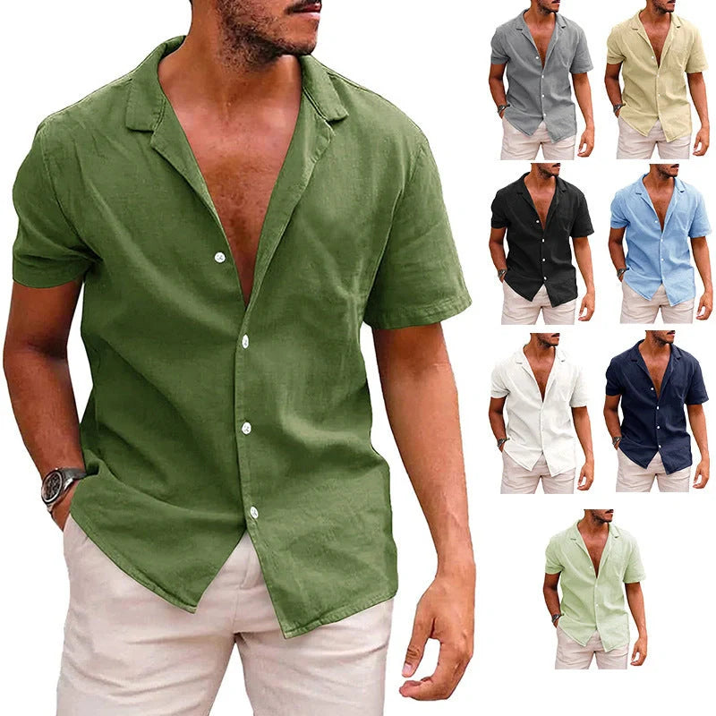 Men's casual linen-cotton blend short sleeve button-down shirt in various colours