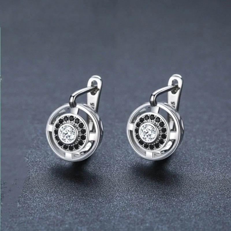 Black round zircon-studded copper earrings for women with secure fastening