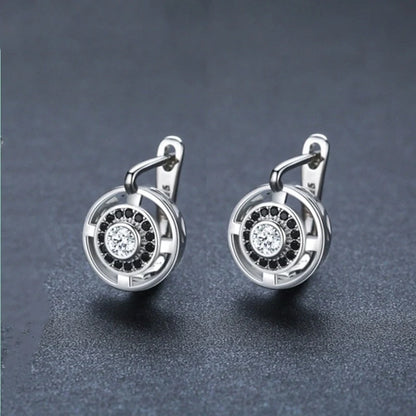 Black round zircon-studded copper earrings for women with secure fastening