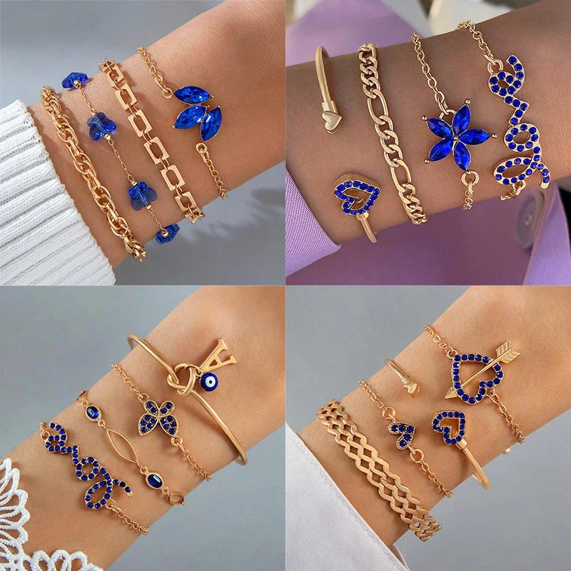4-piece Blue Flower Love Butterfly Bracelet Set with Rhinestones for Valentines Day