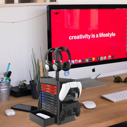 Premium gaming accessory stand with multiple storage compartments for headphones, controllers, and other console essentials