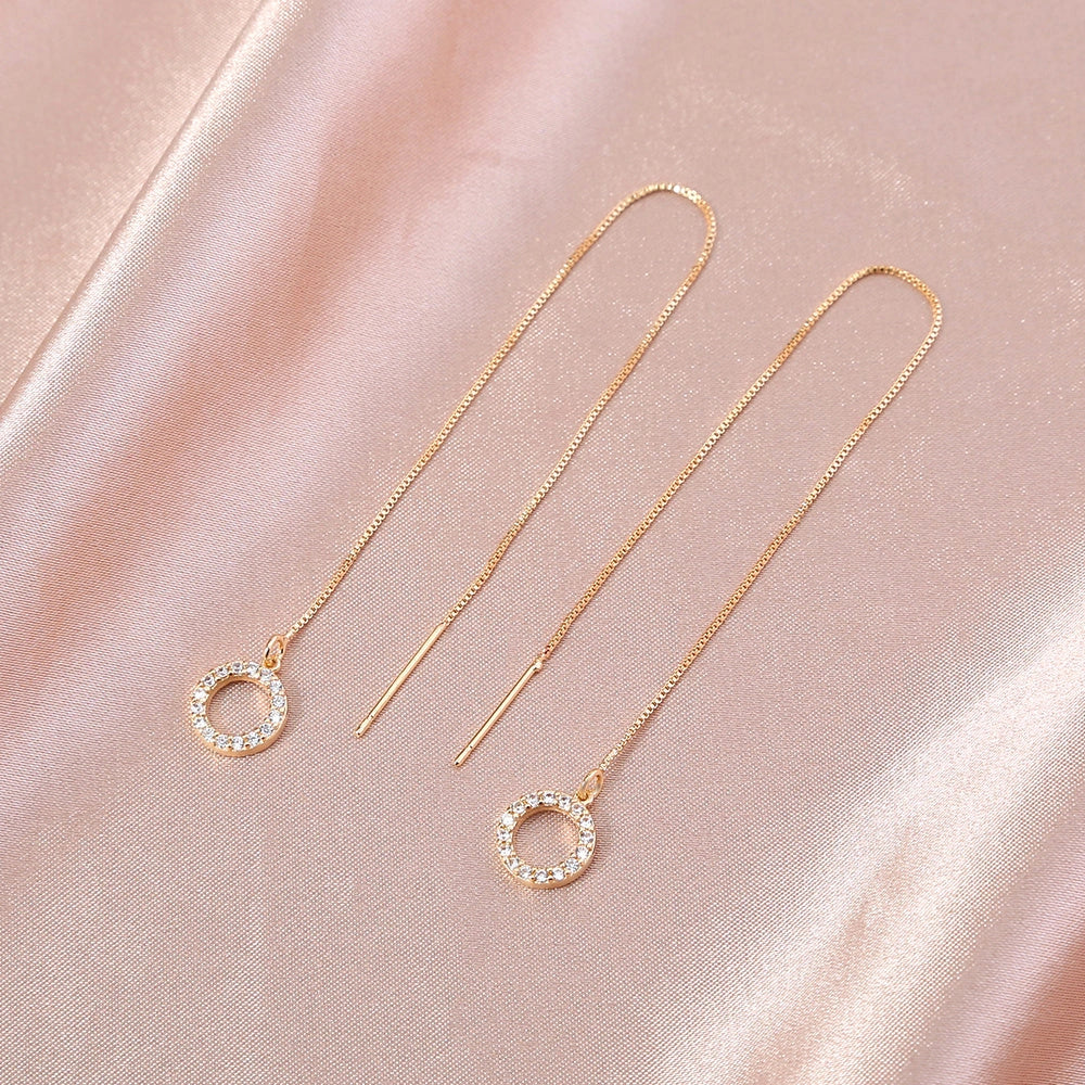 Gold Circle Long Tassel Ear Wire with sparkling zircon accents, perfect for any occasion