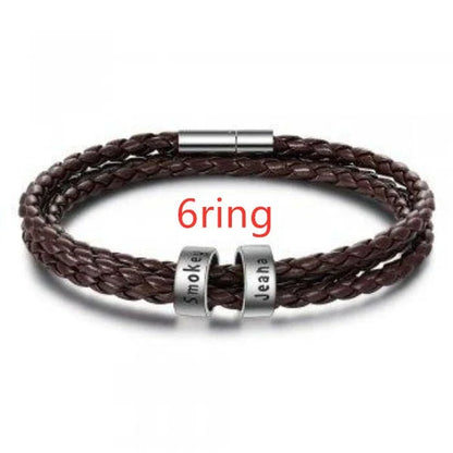 Personalized Leather Bracelet with Engraved Name Charm in Black and Brown Colors